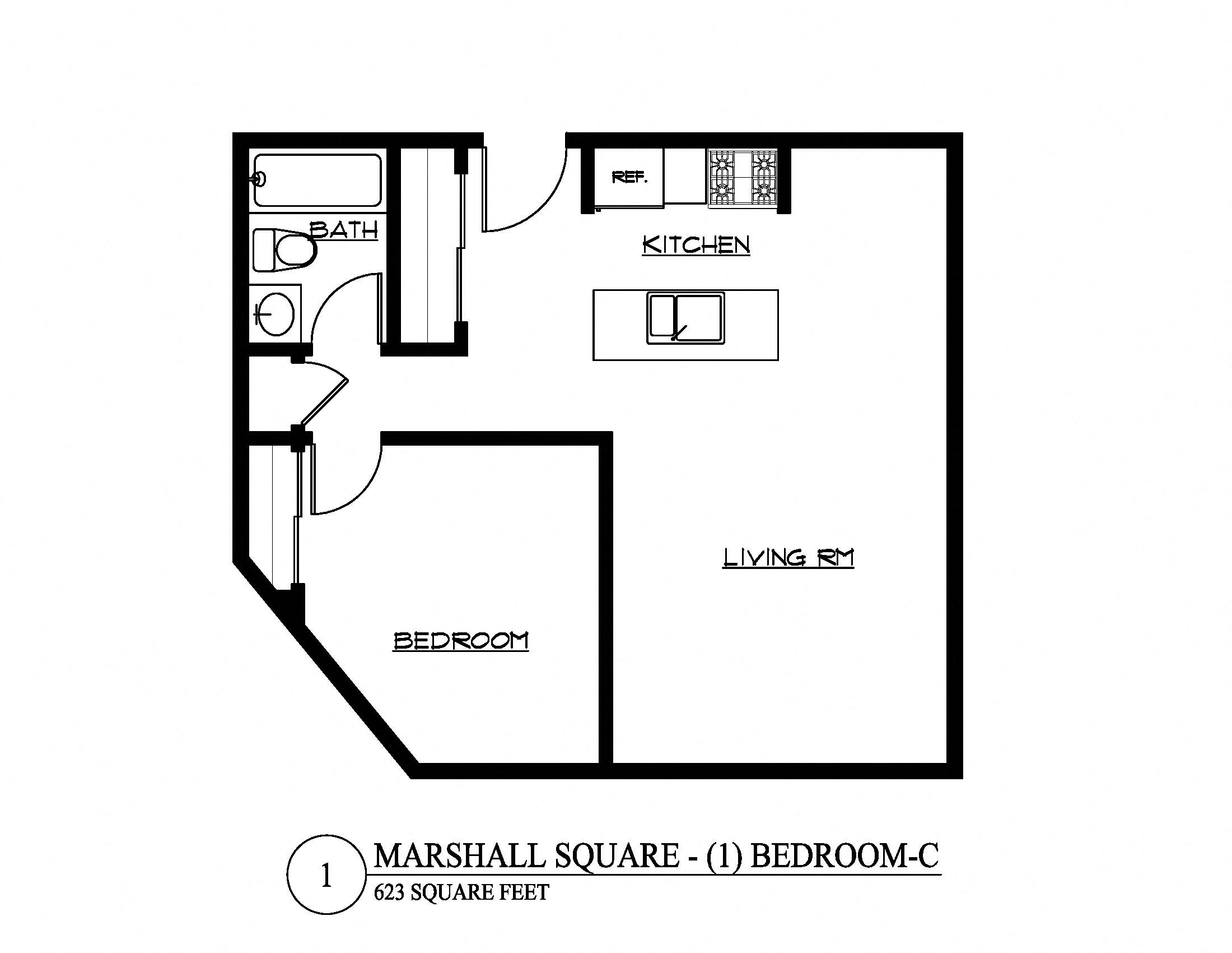 Floor plan for 1 bed, 1 bath, 623 sqft